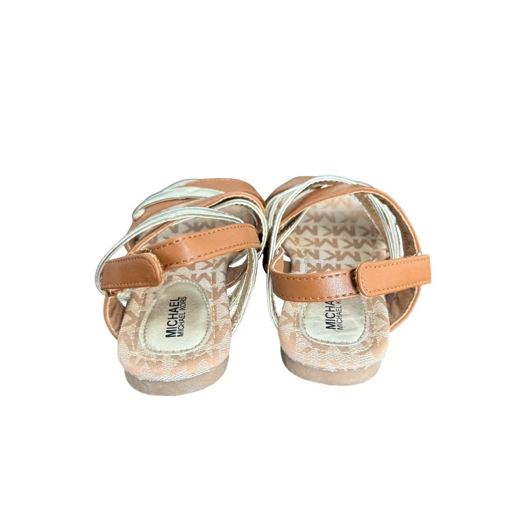 Michael Kors Girls Tan Silver Strappy Logo Sandals MK‎ Monogram Size 13 Kids